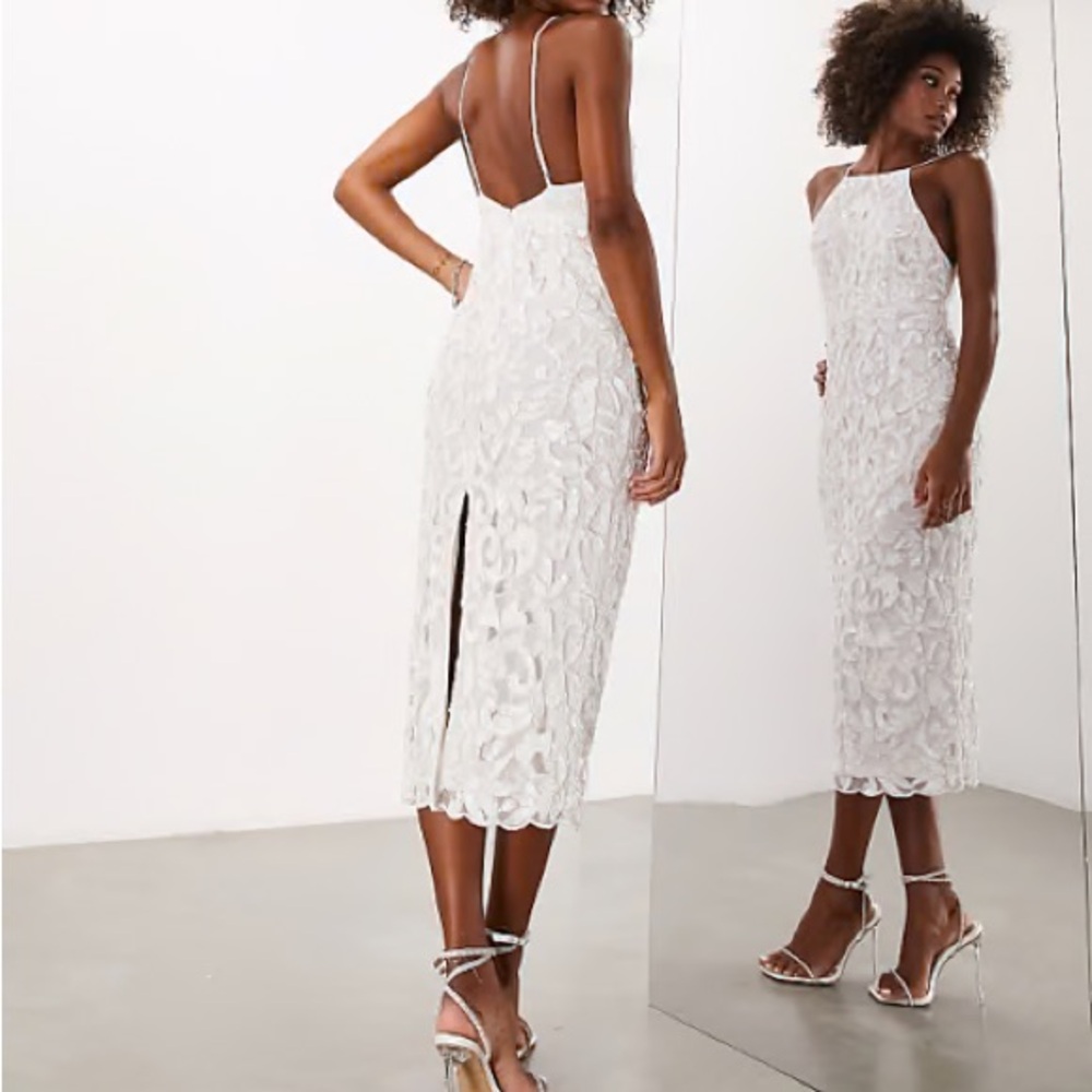 NWT ASOS DESIGN Sarina Sequin Cutwork Halter Midi Wedding Dress